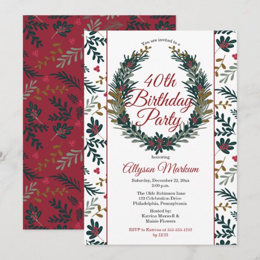 Holiday Berries | Pine Wreath 40th Birthday Party Kaart (Voorkant / Achterkant)