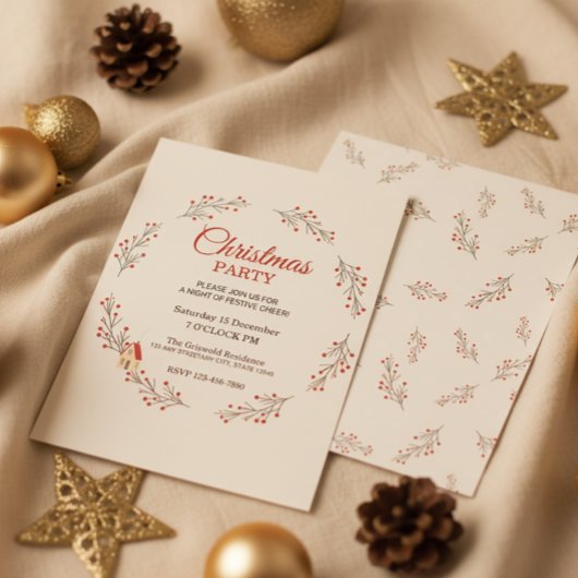 Holiday Berry Branch Christmas Party Invitation Kaart