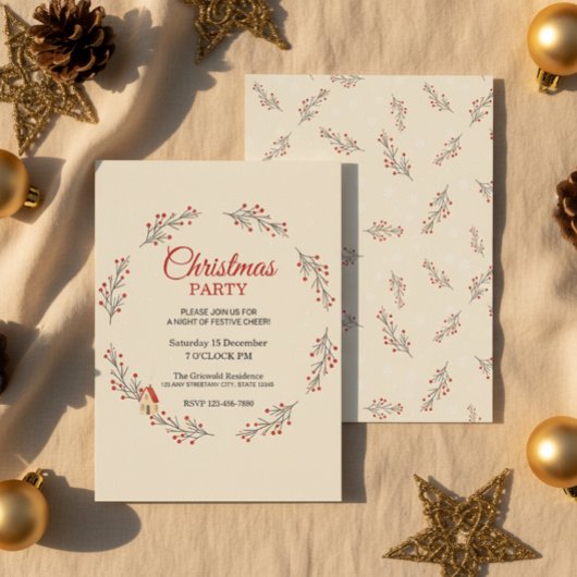 Holiday Berry Branch Christmas Party Invitation Kaart