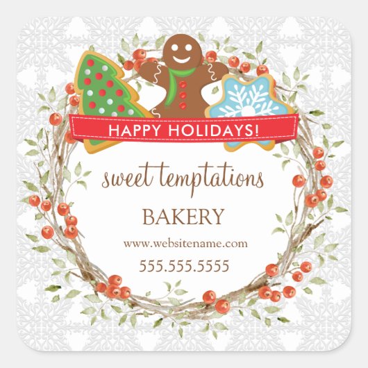 Holiday Berry Wreate Kerstkoekje Square Stick Vierkante Sticker (Voorkant)