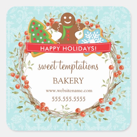 Holiday Berry Wreath Kerstkoekje Vierkante Sticker (Voorkant)