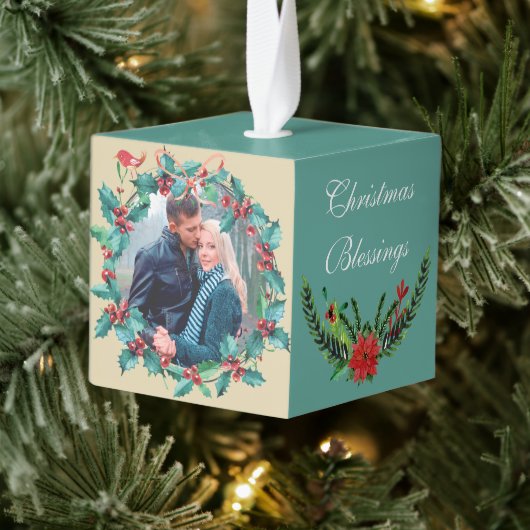 Holiday Berry Wreath Poinsettia Photo Template Ornament (Boom)