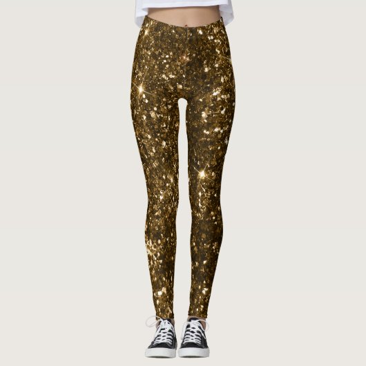 Holiday Black en Gold Faux Glitter Kerstmis Leggings (Voorkant)
