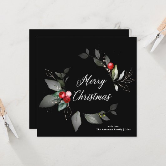 Holiday Black Waterverf Holly kerstkaart Kaart (Voorkant / Achterkant in situ)