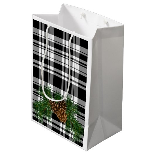 Holiday Black White Pset met details over pine-con Medium Cadeauzakje (Achterkant Gekanteld)