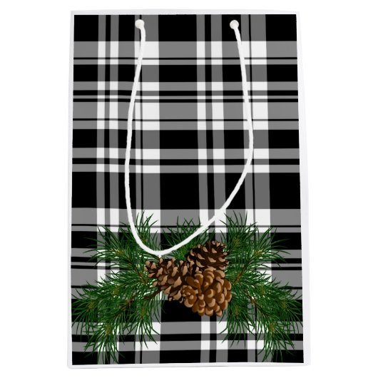 Holiday Black White Pset met details over pine-con Medium Cadeauzakje (Voorkant)