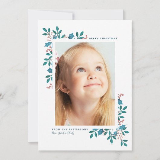 Holiday Bloom Merry Kerstmis | Blauw groen Feestdagenkaart (Voorkant)