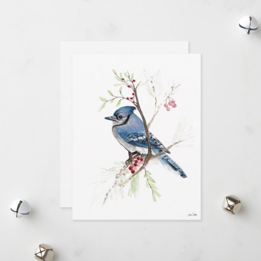 Holiday Blue Jay Art Feestdagenkaart (Voorkant / Achterkant in situ)