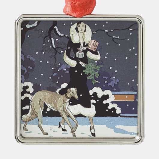 Holiday Borzoi Lady in Snow Metalen Ornament (Voorkant)