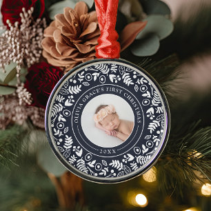 Holiday Botanical   Eerste kerstfoto baby's Metalen Ornament
