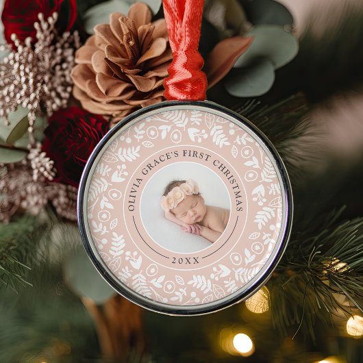 Holiday Botanical | Eerste kerstfoto baby's Metalen Ornament
