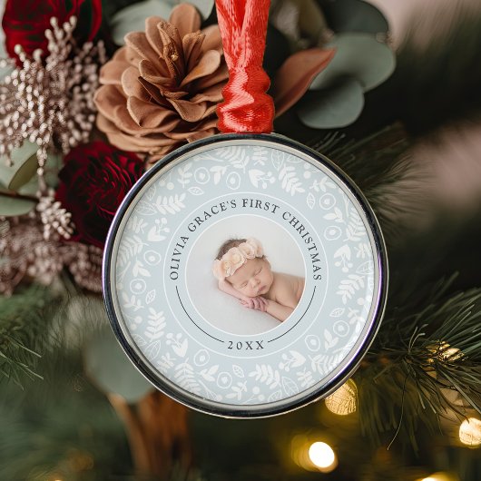 Holiday Botanical | Eerste kerstfoto baby's Metalen Ornament