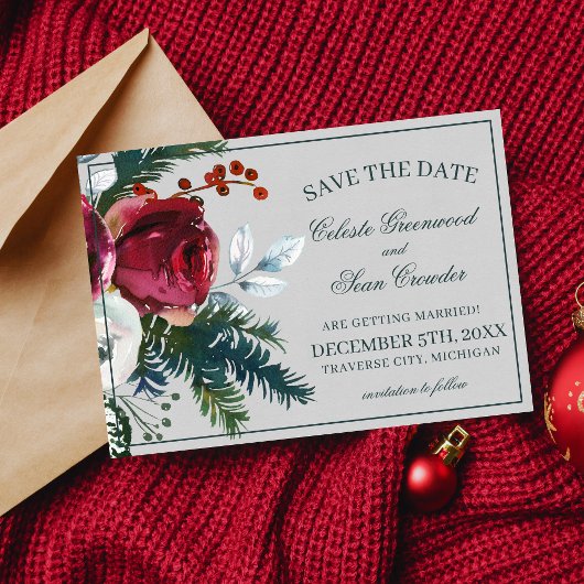 Holiday Bouquet Evergreen Floral Photo Wedding Save The Date