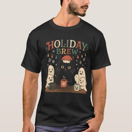 Holiday Brew - Schattige Zwarte Kat & Geesten Kers T-shirt (Voorkant)