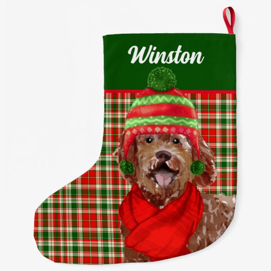 Holiday Brown Labradoodle Pset en Dog's Name Grote Kerstsok (Achterkant)
