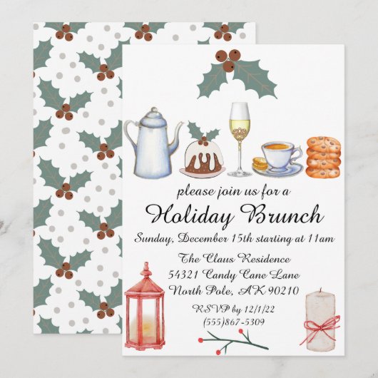Holiday Brunch Kerstmis Holly Cute Invitation Kaart (Voorkant / Achterkant)