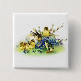 Holiday Bunny & Spring Chicks Paasbadge Vierkante Button 5,1 Cm