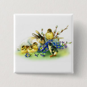 Holiday Bunny & Spring Chicks Paasbadge Vierkante Button 5,1 Cm