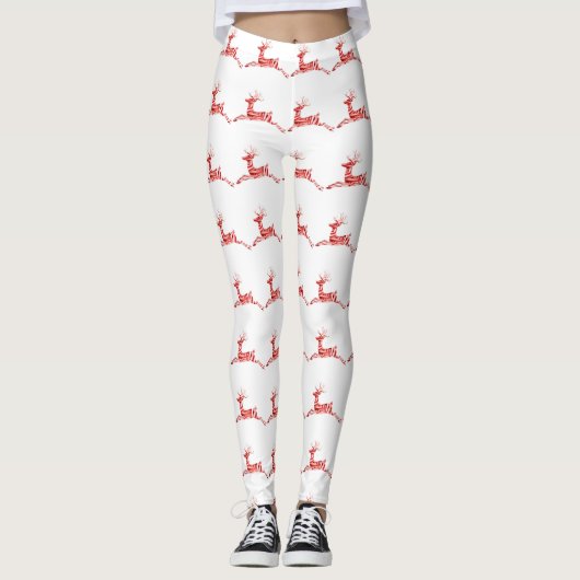 Holiday Candy Cane Reindeer op wit Leggings (Voorkant)