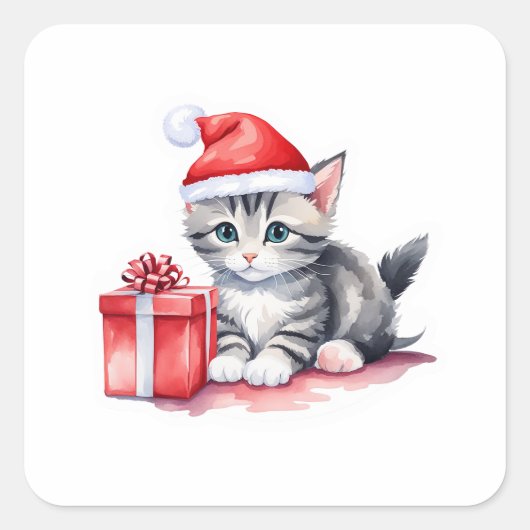 Holiday Cat Sticker – Schattige Kat met kerstcadea (Voorkant)