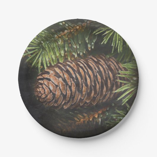 Holiday Chalk Drawn Pinecone en Pine Needles Papieren Bordje (Voorkant)