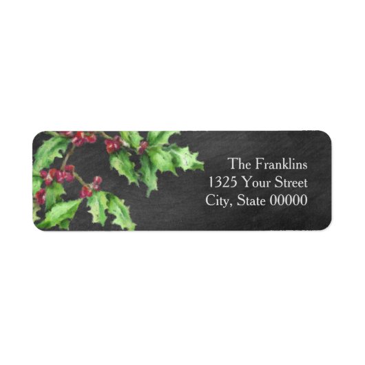 Holiday Chalk Green Holly and Red Berries Branch Etiket (Voorkant)