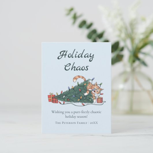 Holiday Chaos Funny Cat Christmas Postcard Feestdagenkaart (Staand voorkant)