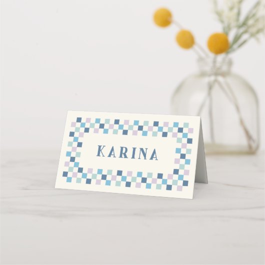 Holiday Checkerboard Christmas Place Card - Blauw Plaatskaartje (Voorkant)