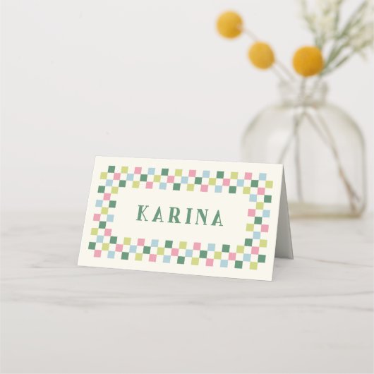 Holiday Checkerboard Christmas Place Card - Groen Plaatskaartje (Voorkant)