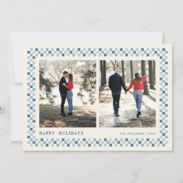 Holiday Checkerboard Holiday Photo Card - Blauw Feestdagenkaart