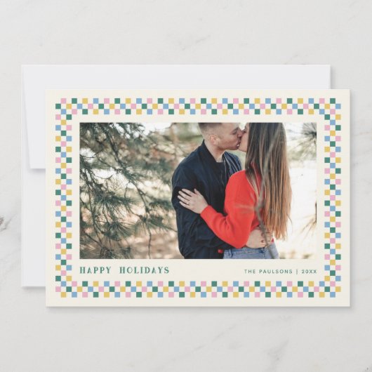 Holiday Checkerboard Holiday Photo Card - Blauwgro Feestdagenkaart (Voorkant)