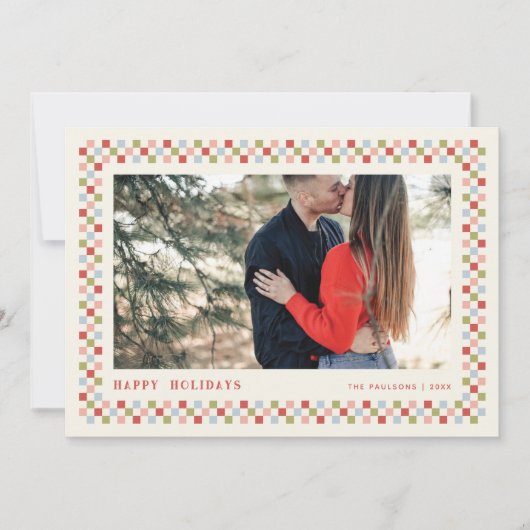 Holiday Checkerboard Holiday Photo Card - Rood Feestdagenkaart (Voorkant)