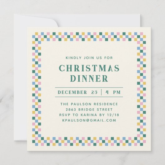 Holiday Checkerboard Party Invitation - Blauwgroen Feestdagenkaart (Voorkant)