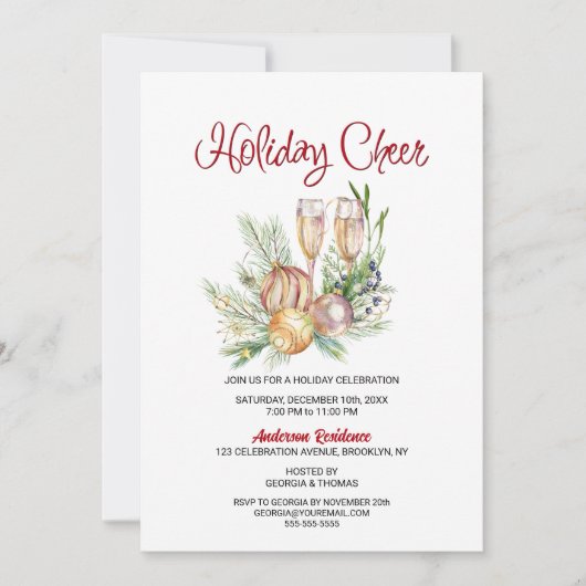 Holiday Cheer Baubles en Champagne Holiday Party Kaart (Voorkant)