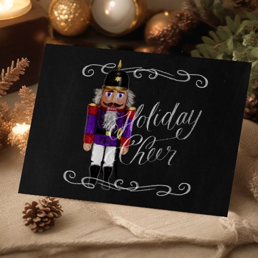 Holiday Cheer Chalkboard Paars en Red Nutcracker Feestdagen Kaart