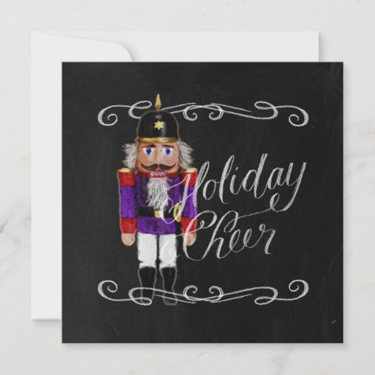 Holiday Cheer Chalkboard Paars en Red Nutcracker Feestdagenkaart (Voorkant)