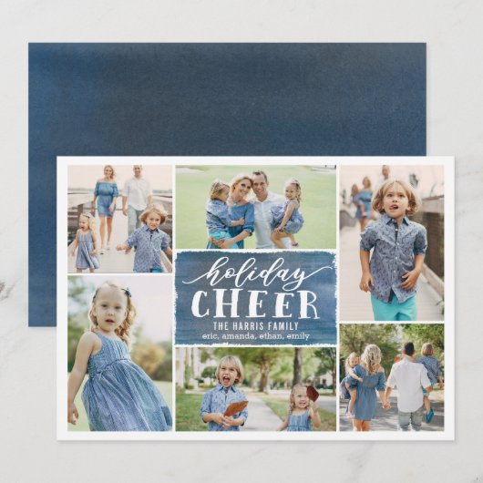 Holiday Cheer Collage Holiday Photo Card Navy Feestdagenkaart (Voorkant / Achterkant)