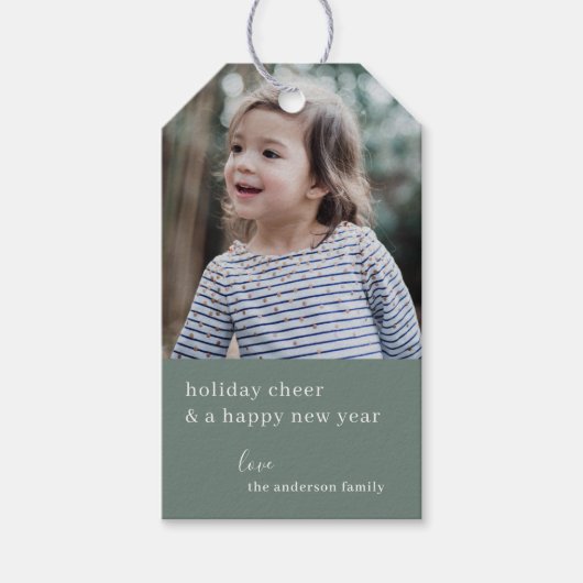 Holiday Cheer | Grayish Green kerstfoto Cadeaulabel (Voorkant)