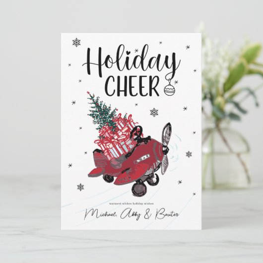 HOLIDAY CHEER | Kute Little Red Airplane Feestdagenkaart (Staand voorkant)