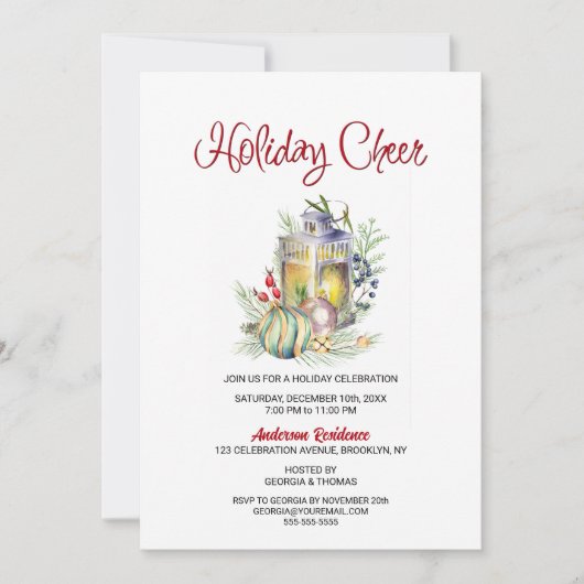 Holiday Cheer Lantern en Baubles Holiday Party Kaart (Voorkant)