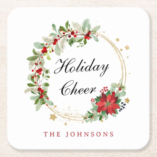 Holiday Cheer Poinsettia Wreath Gold Personalized Kartonnen Onderzetters (Voorkant)