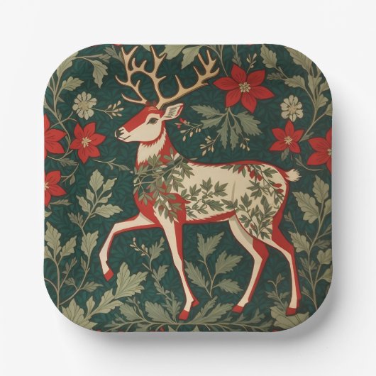 Holiday Cheer Reindeer William Morris Inspired Papieren Bordje (Voorkant)