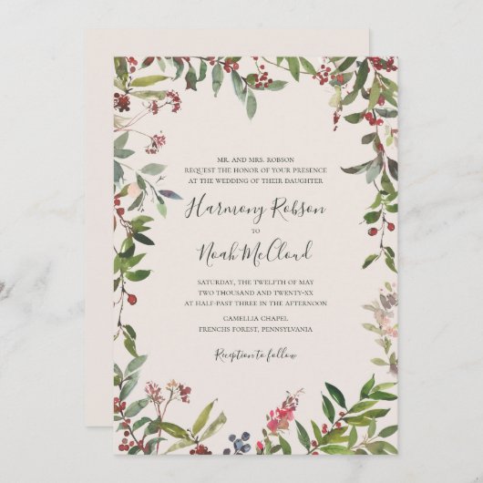 Holiday Chic Botanical | Champagne Wedding Invitat Kaart (Voorkant / Achterkant)