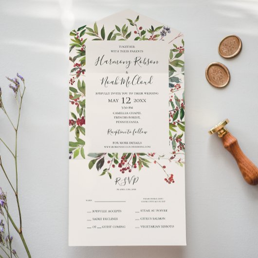 Holiday Chic Botanical | Champagne-zegel en zendin All In One Uitnodiging