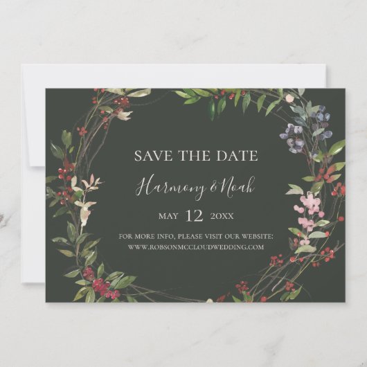 Holiday Chic Botanical | Donkergroen horizontaal Save The Date (Voorkant)