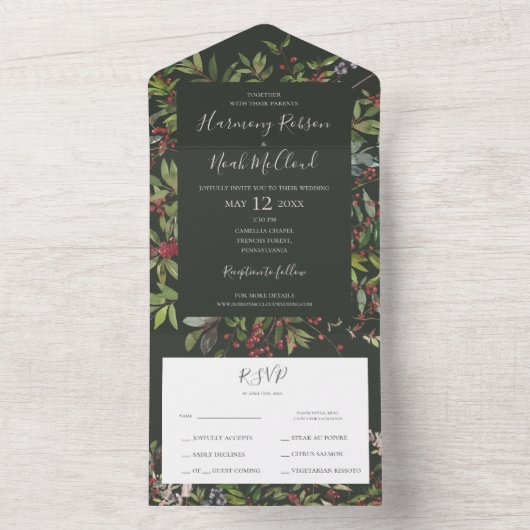 Holiday Chic Botanical | Donkergroen zegel en verz All In One Uitnodiging (Binnen)