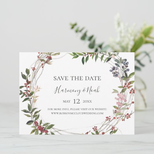 Holiday Chic Botanical | Horizontaal wit Save The Date (Staand voorkant)