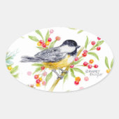 Holiday Chickadee Berry Branch Greeting Card Ovale Sticker (Voorkant)