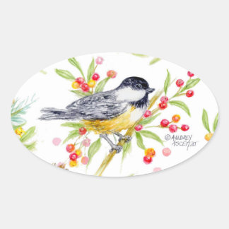 Holiday Chickadee Berry Branch Greeting Card Ovale Sticker