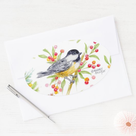 Holiday Chickadee Berry Branch Greeting Card Ovale Sticker (Envelop)